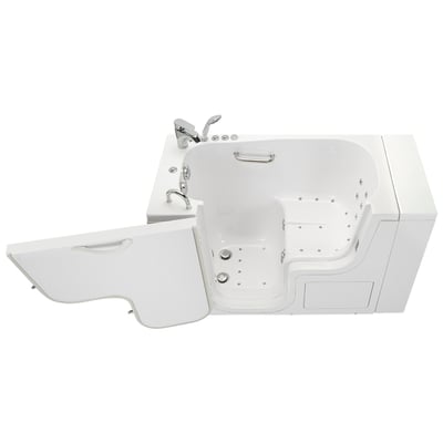 White Ella Transfer26 walk-in tub with outward swing door open revealing air jet seats, grab bar, chrome faucet, and anti-slip floor
