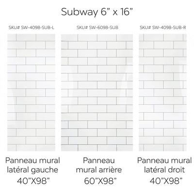 Schéma des panneaux de douche en acrylique blanc Subway 6x16 indiquant les dimensions des panneaux gauche, arrière et droit pour installation accessible