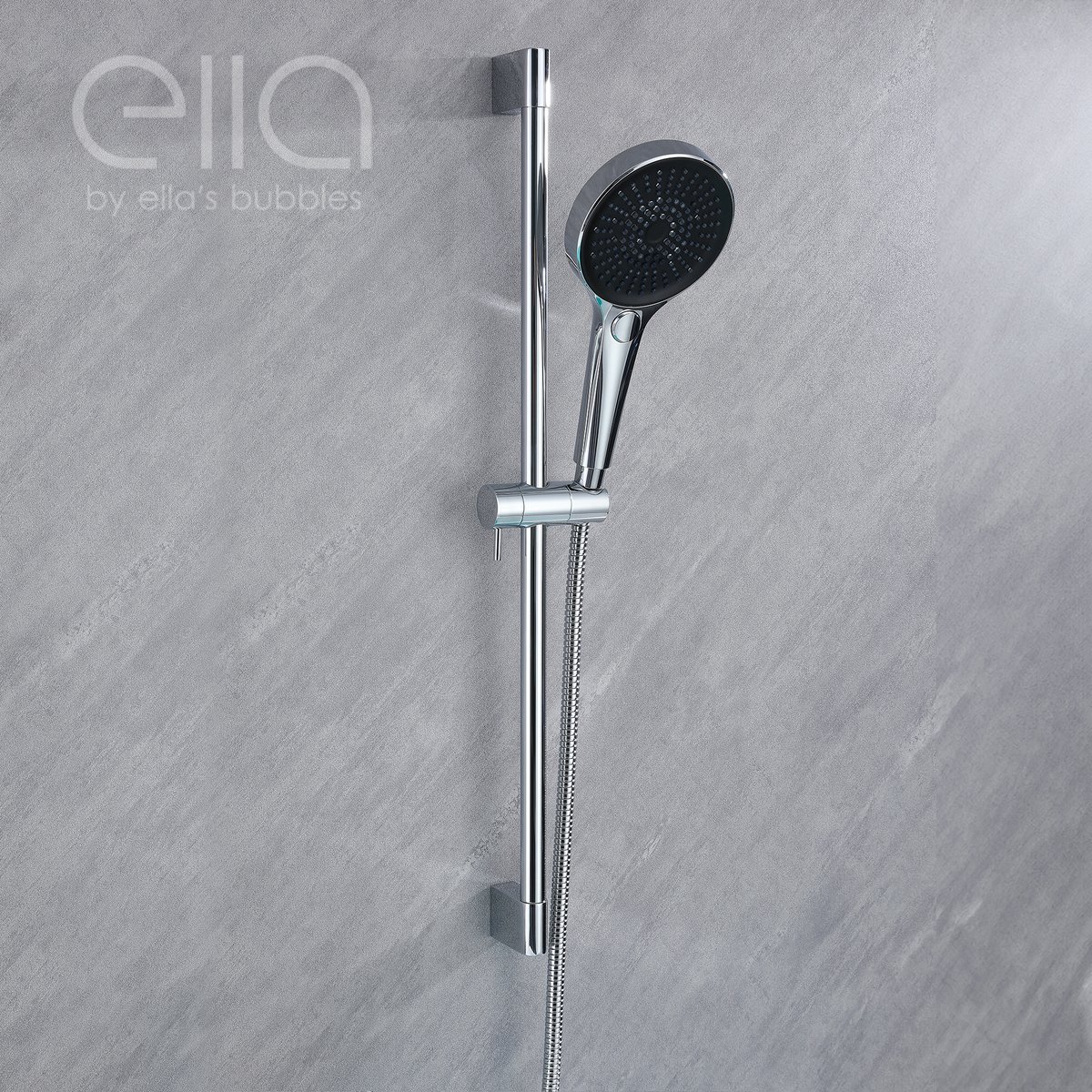 Chrome hand shower slide bar kit with the handheld shower docked in the adjustable holder