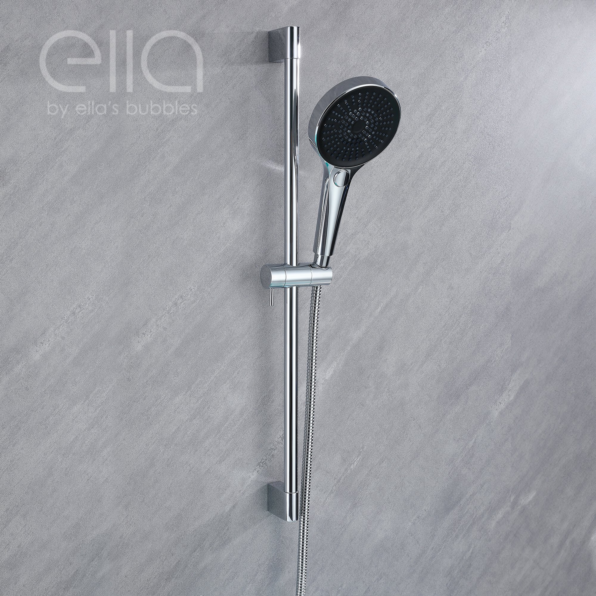 Chrome hand shower slide bar kit with the handheld shower docked in the adjustable holder