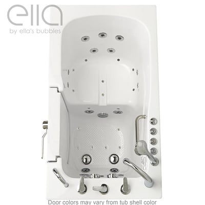 Overhead view of the Ella Monaco 32x52 walk-in tub showing hydro jets, anti-slip floor, chrome grab bar, and outward swing door