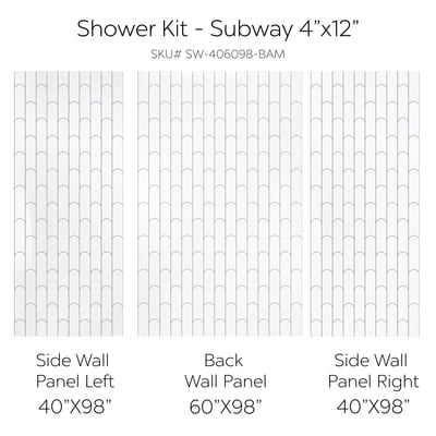 Three panel bamboo pattern acrylic shower wall kit diagram with 40x98 inch side walls and 60x98 inch back wall