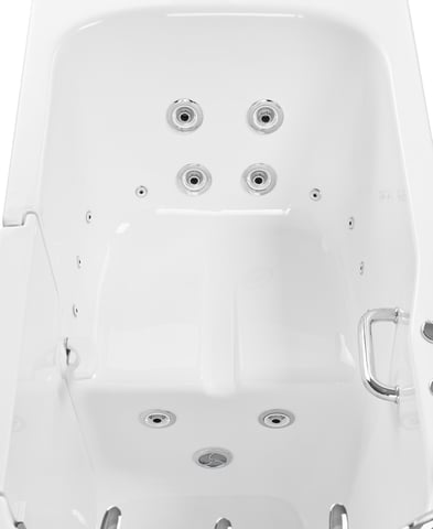 Overhead view of Ella Standard walk-in tub interior showing hydro massage jets, built-in seat, and chrome grab bar