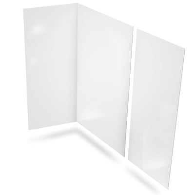 White glossy acrylic shower wall panels shown in a three-piece lateral surround kit on white background