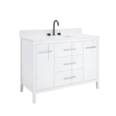 Meuble-lavabo de salle de bains moderne Florence sur pied avec plan en quartz blanc massif -