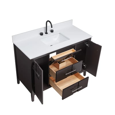 Meuble-lavabo de salle de bains moderne Florence sur pied avec plan en quartz blanc massif -