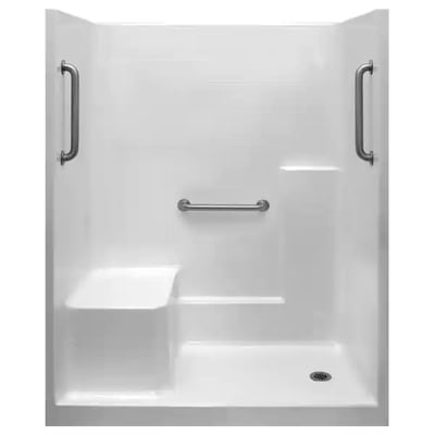 White Ella accessible shower stall with built-in seat, step platform, and stainless steel grab bars on three walls