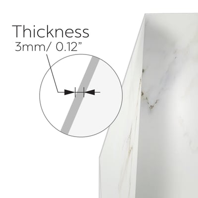 Close-up diagram showing 3mm thick Calacatta Chic marble-look shower wall panel edge with measurement callout