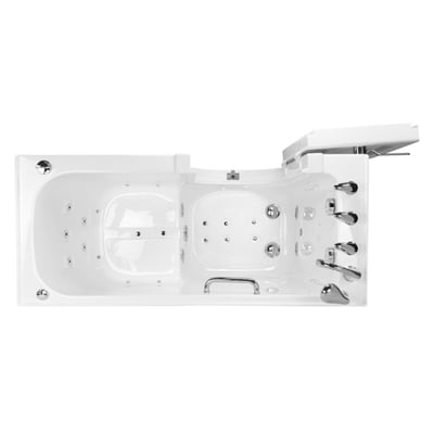 Overhead view of Ella Lounger walk-in tub with outward swing door, hydro jets, anti-slip floor, and chrome faucet set