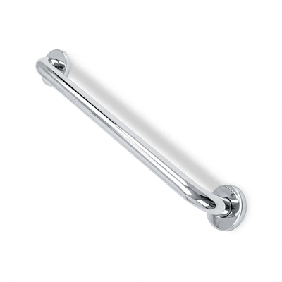 24-inch polished chrome stainless steel grab bar with round wall mount flanges on white background