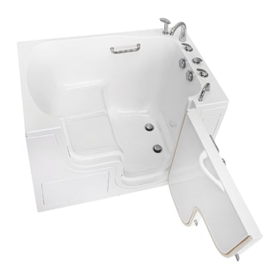 Overhead view of the Ella Transfer XXL walk-in tub with open door, grab bar, and jetted seat