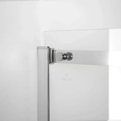 Close-up of chrome hinge and round knob handle on an 8mm tempered glass sliding shower door panel