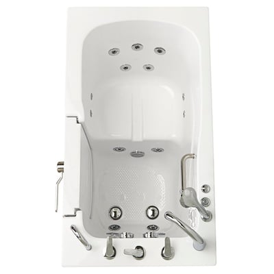 Vue de dessus de la baignoire à porte Ella Capri montrant les jets d’hydromassage, le sol antidérapant, la barre d’appui et les commandes du robinet chromé, avec porte à ouverture vers l’extérieur