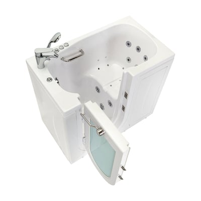 White Ella Mobile walk-in tub with outward swing door open showing hydro jets, grab bar, and chrome faucet - top-down view