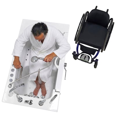Man in a white robe using the handheld shower in an Ella walk in tub with his wheelchair beside it