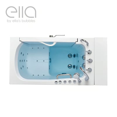 Overhead view of Ella's Bubbles walk-in tub interior showing air jets, hydro jets, grab bars, and chrome faucet controls