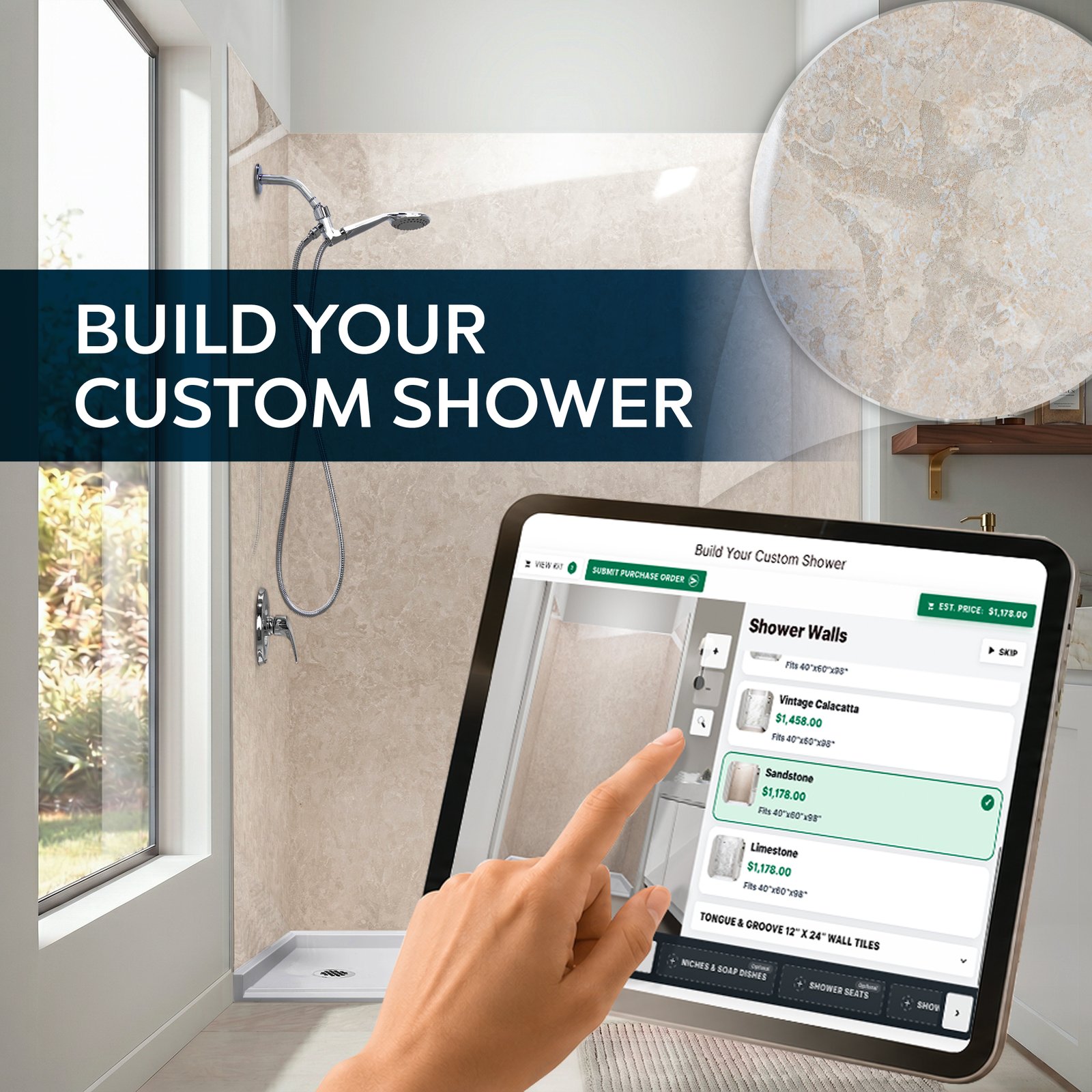 Hand tapping the Build Your Custom Shower tool on a tablet beside a finished acrylic shower wall panels bathroom