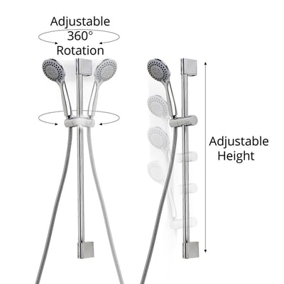 Chrome handheld showerhead on sliding bar showing 360-degree rotation and adjustable height positions for walk-in tub accessibility