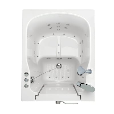 Vue de dessus de la baignoire à porte Ella à entrée frontale avec jets de massage hydro et air doubles, sol antidérapant et commandes de robinet chromées