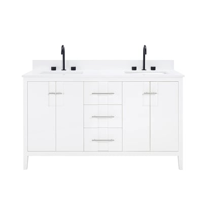 Meuble-lavabo de salle de bains moderne Florence sur pied avec plan en quartz blanc massif -