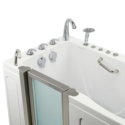 Baignoire à porte Ella Deluxe 30 × 55 avec porte en verre ouverte, robinetterie chromée, douchette à main, jets et barre d’appui