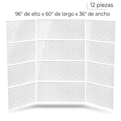 Kit de paneles de pared de ducha de azulejos tipo metro blancos de 12 piezas que mide 96 pulgadas de alto por 60 pulgadas de largo por 36 pulgadas de ancho