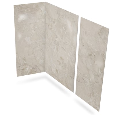 Three-panel Marble Sands acrylic shower wall surround kit in beige marble stone pattern for walk-in tub or shower stall