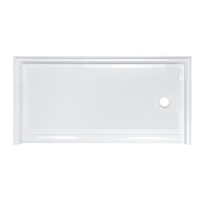 Receveur de douche accessible en fauteuil roulant en acrylique blanc avec évacuation côté droit et surface antidérapante texturée