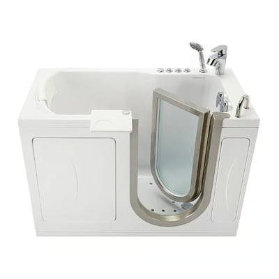 White Ella walk-in tub with open inward swing door, chrome faucet, handheld shower, and built-in seat on white background