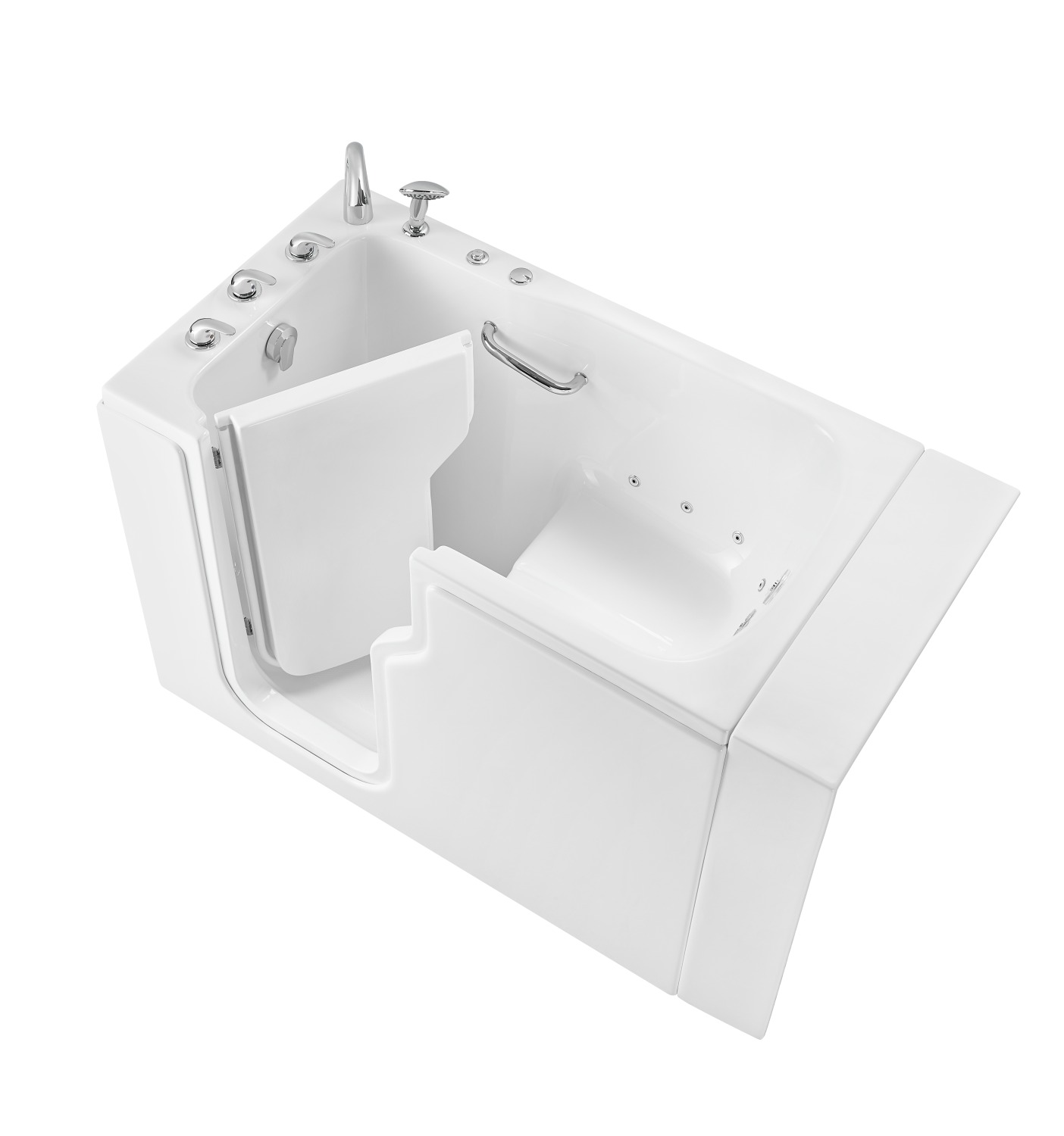 White Ella 30x52 acrylic walk-in tub with open door, chrome grab bar, hydro jets, and low-step entry on white background