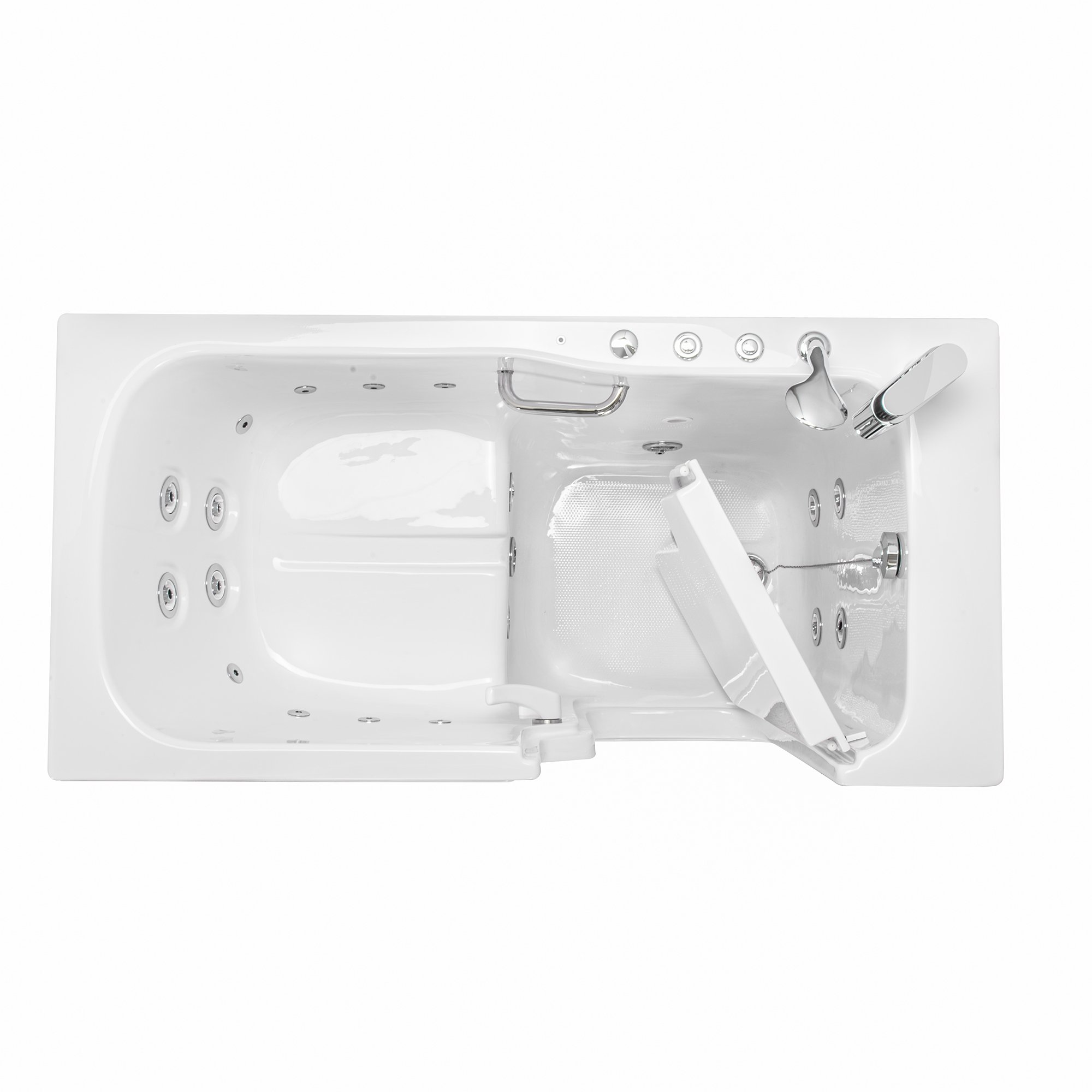 Vista cenital de la bañera con puerta de terapia de hidrógeno Ella Standard60 de 30x60 en la que se ven los chorros de hidromasaje y el asiento