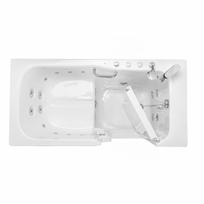 Overhead view of Ella's Bubbles 30x60 walk-in tub featuring hydro massage jets, anti-slip floor, grab bar, and open door with chrome controls