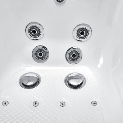 Close-up of chrome hydro massage jets, dual foot jets, and anti-slip floor inside an Ella walk-in tub