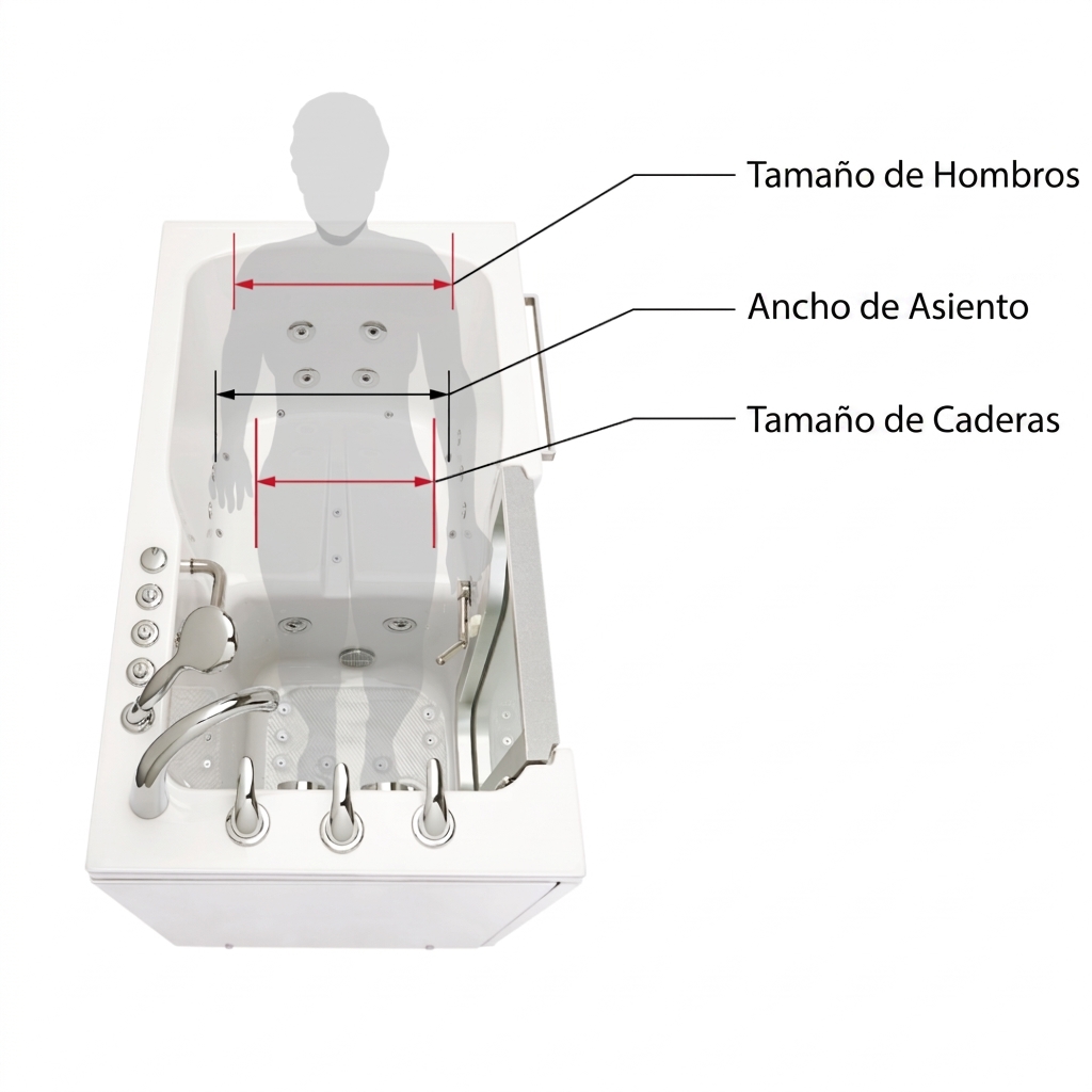 Diagrama de medidas de bañera con puerta que muestra el ancho de hombros, el ancho del asiento y el ancho de cadera de una persona sentada