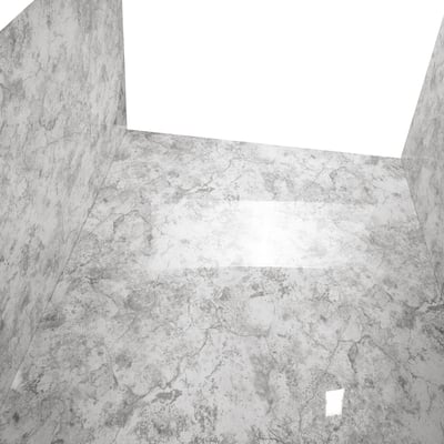 Top-down view of limestone-patterned acrylic panel shower walls and floor inside an accessible shower stall