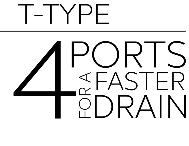 T-Type drain graphic highlighting 4 ports for a faster drain in Ella walk-in bathtubs