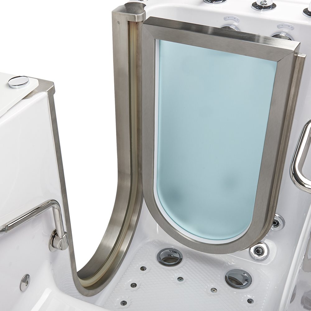 Primer plano de una puerta abierta de bañera con puerta de acero inoxidable en la que se ven el panel de vidrio esmerilado y el canal del sello en forma de U
