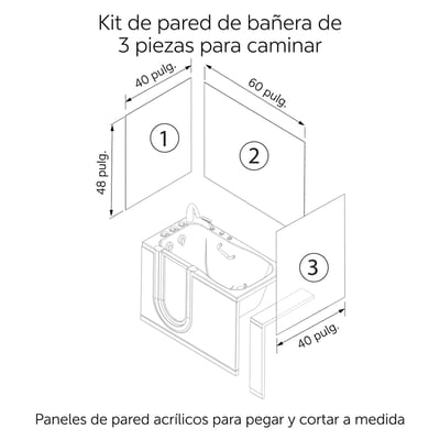 Diagrama de tamaño del kit de revestimiento de pared para bañera con puerta de Ella's Bubbles