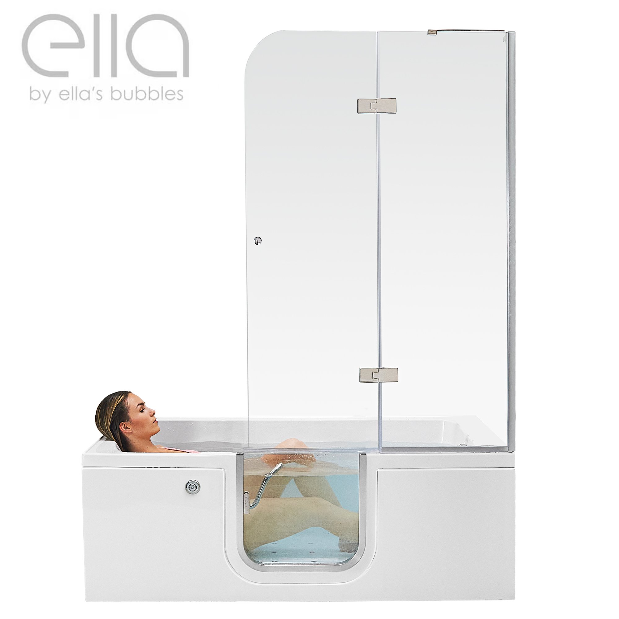 Woman relaxing in the Ella Laydown walk-in tub with glass shower door panel and transparent side entry door