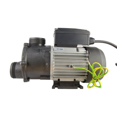 Walk-in tub hydro massage pump motor with inlet ports, aluminum heat fins, and green-yellow grounding wires