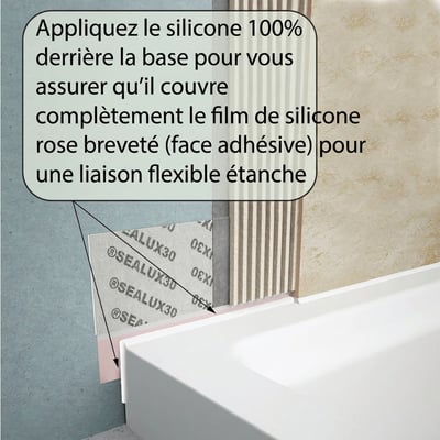 Schéma d’installation montrant le scellement au silicone derrière la base de la bride de carrelage de la baignoire à porte utilisant le film adhésif rose Sealux30 pour une liaison étanche