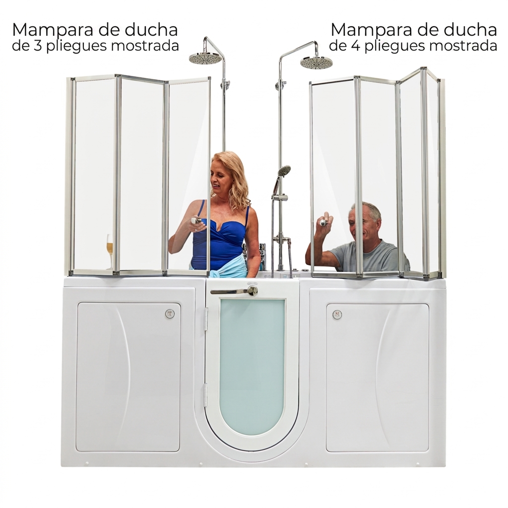 Mamparas de ducha de cristal templado Ella de 4 y 3 hojas instaladas en una bañera con puerta para dos personas