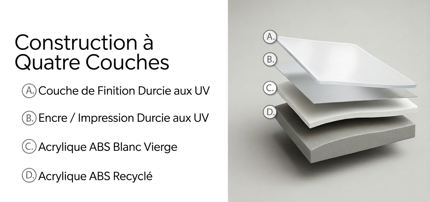 Schéma de la structure murale de douche en acrylique à quatre couches d'Ella : couche de finition UV, encre UV, acrylique ABS vierge et acrylique ABS recyclé
