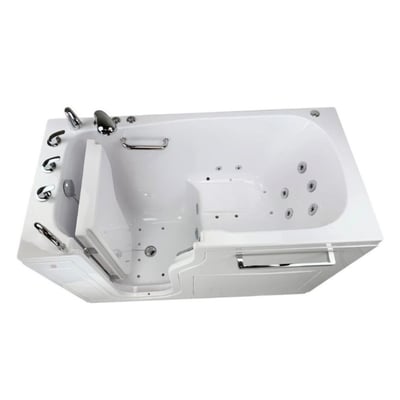 Ella S-Class 30x52 walk-in tub with right-hand door, hydro air jets, built-in seat, and chrome fixtures on white background