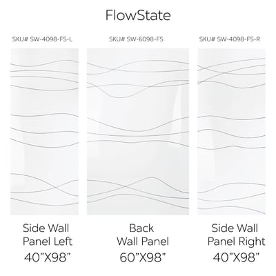 Conjunto de paneles de pared de ducha de acrílico FlowState mostrando paneles izquierdo, trasero y derecho con patrón de diseño CNC de ondas