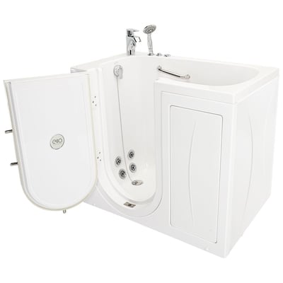 Ella walk-in tub with outward-swing door open revealing hydro massage jets, grab bar, handheld shower, and chrome faucet