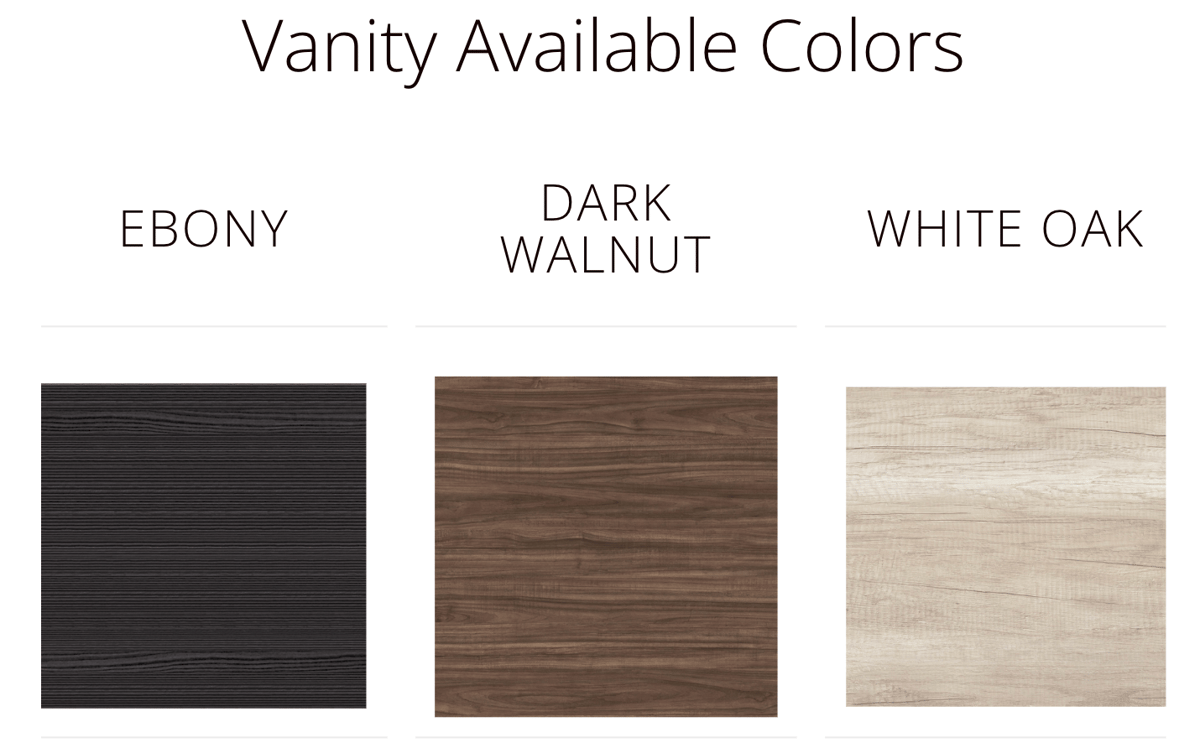 Ella vanity finish swatches showing the Ebony, Dark Walnut and White Oak melamine options
