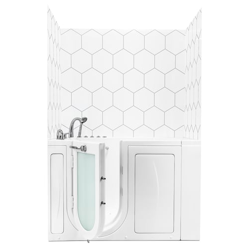 Hexagon pattern CNC engraved acrylic wall surround kit installed behind an Ella walk in tub with chrome faucet