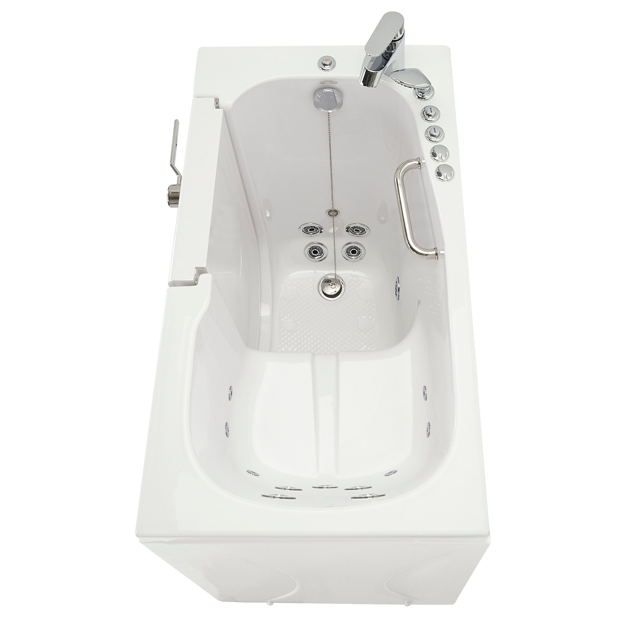 Overhead view of the Ella Mobile 26x45 walk-in tub interior showing hydro jets, chrome faucet, grab bar, and textured floor