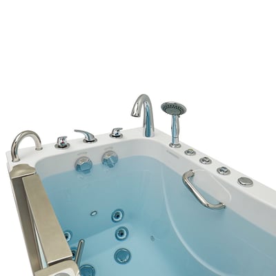 Ella Royal walk-in tub interior close-up showing chrome faucet, handheld showerhead, hydro jets, and stainless grab bar